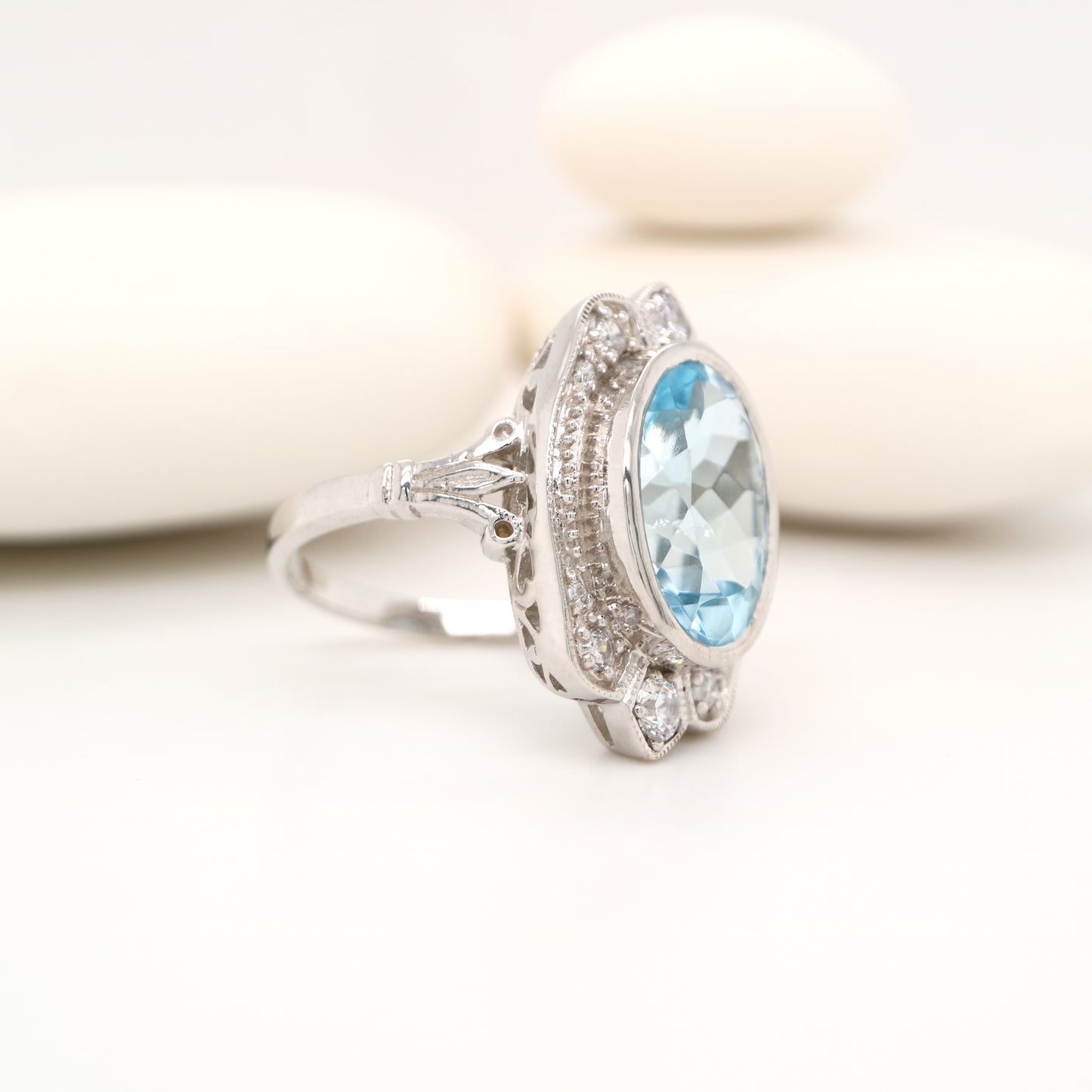 Blue topaz cocktail ring with cz in sterling silver