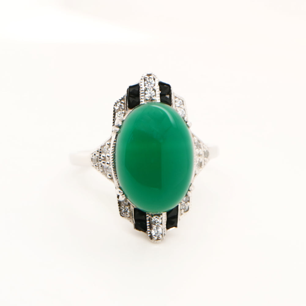Art deco green agate cabochon ring with cz and french cut onyx in sterling silver