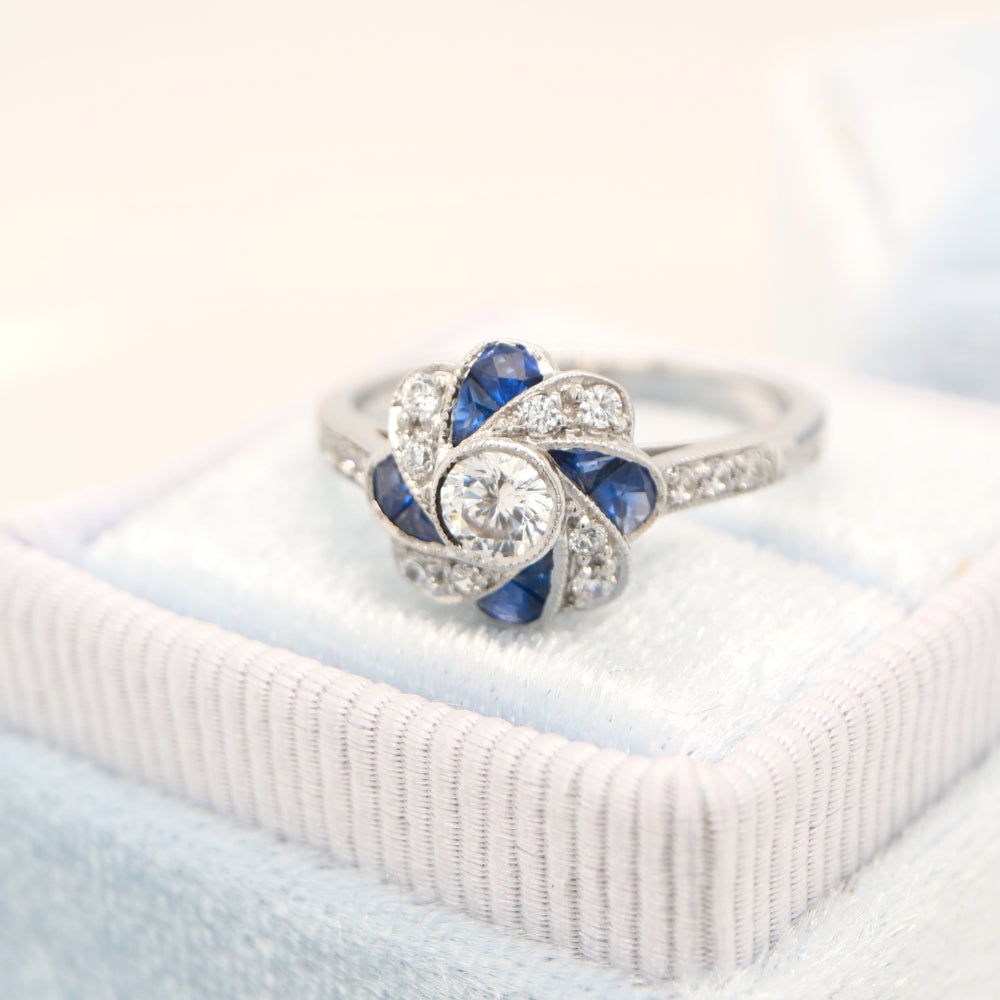 Vintage Pinwheel Ring in Sterling Silver, Sapphire and CZ
