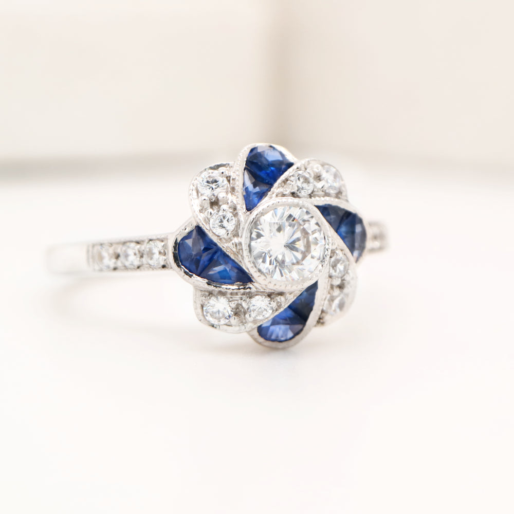 Vintage Pinwheel Ring in Sterling Silver, Sapphire and CZ