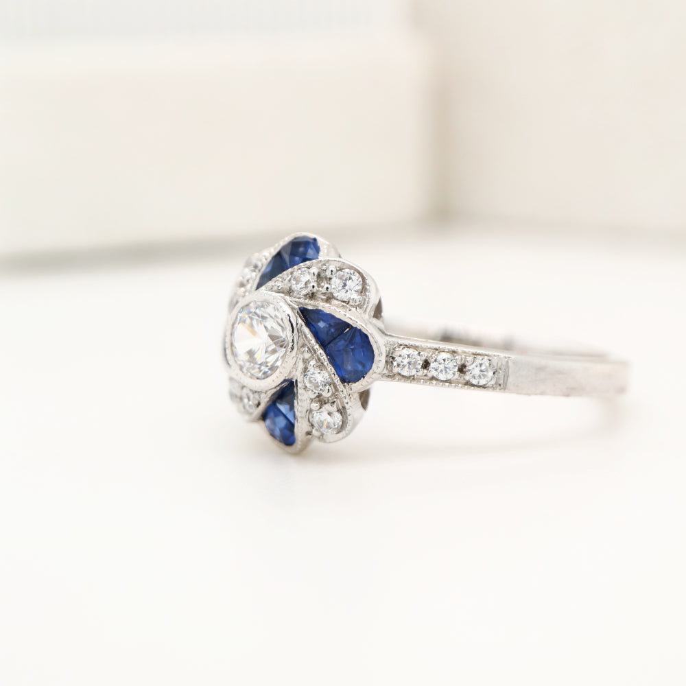 Vintage Pinwheel Ring in Sterling Silver, Sapphire and CZ