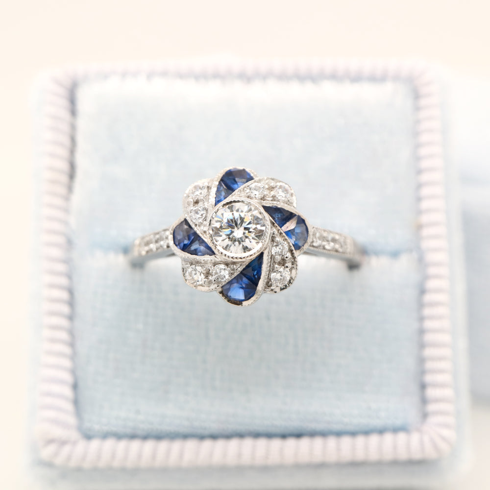 Vintage Pinwheel Ring in Sterling Silver, Sapphire and CZ