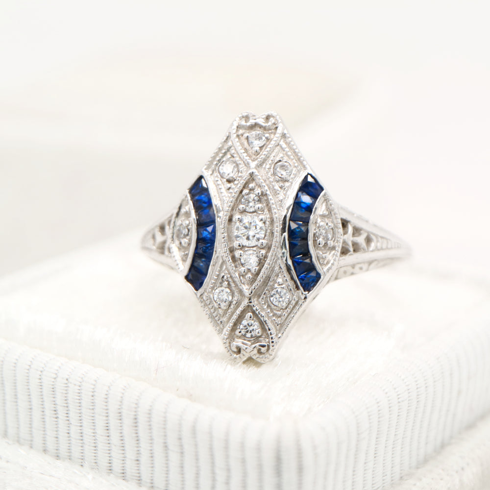 Art deco cz and laboratory grown sapphire ring in sterling silver