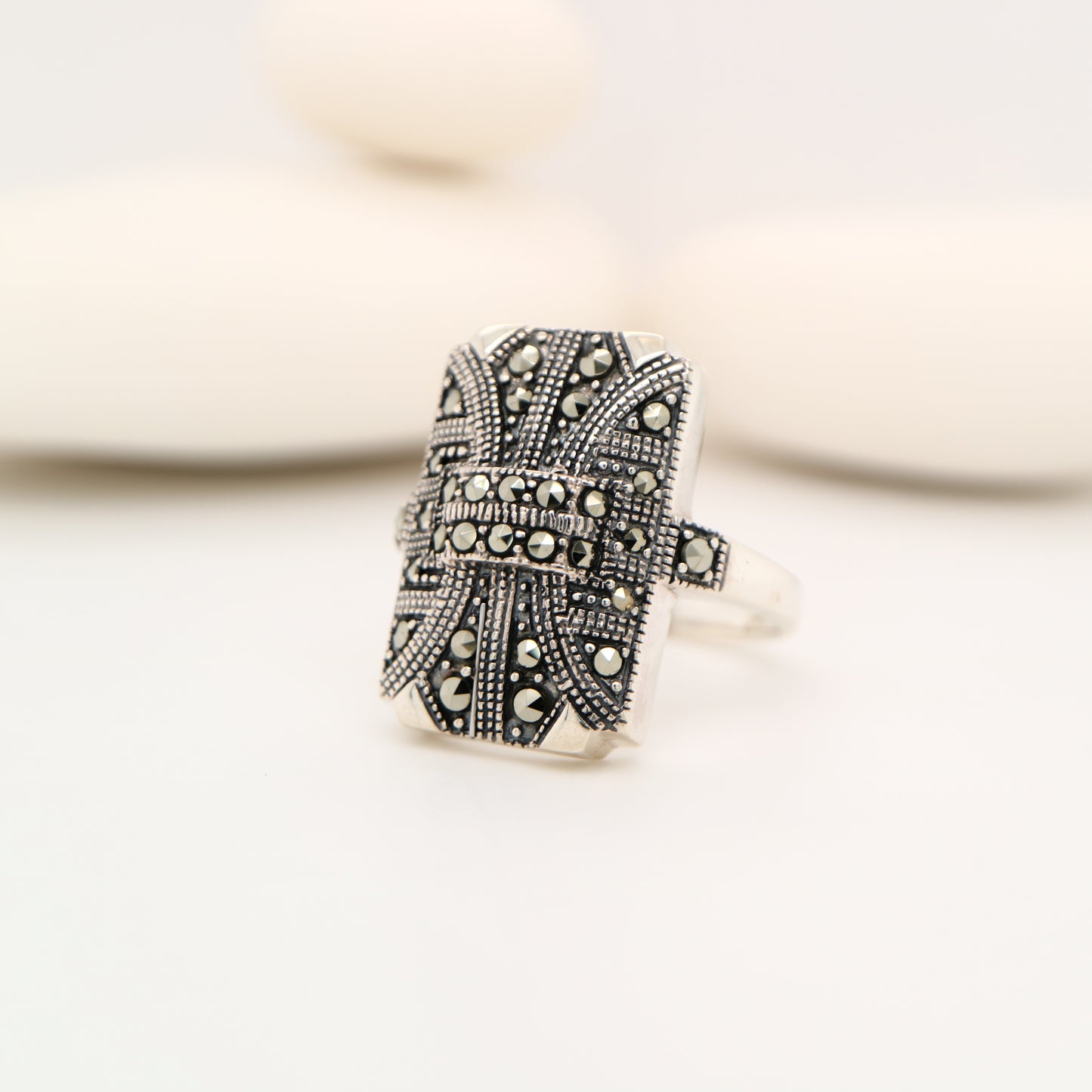 Art deco shield ring in marcasite and sterling silver