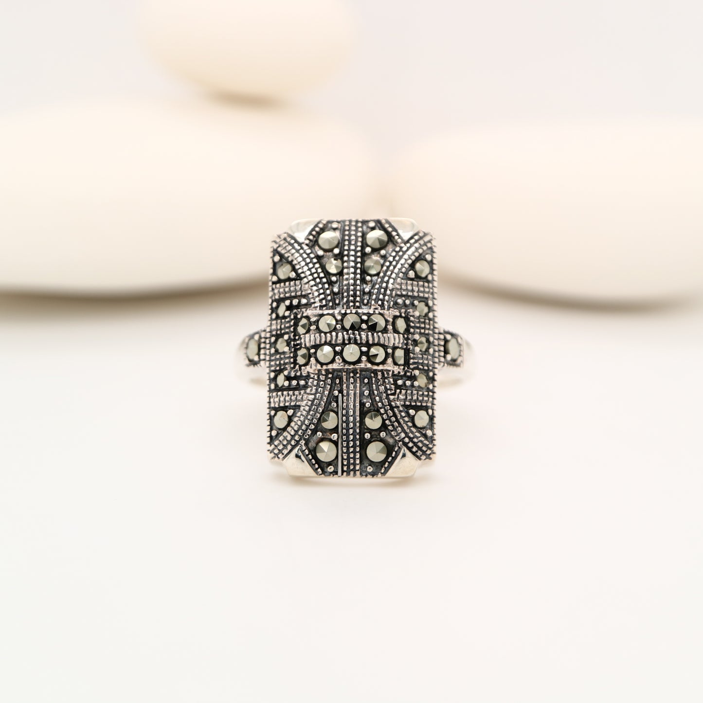 Art deco shield ring in marcasite and sterling silver