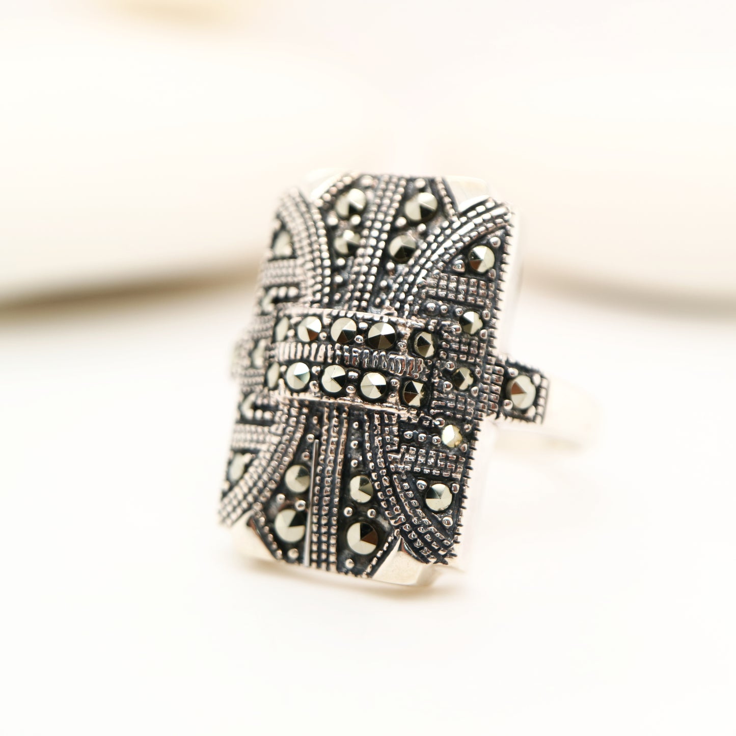 Art deco shield ring in marcasite and sterling silver