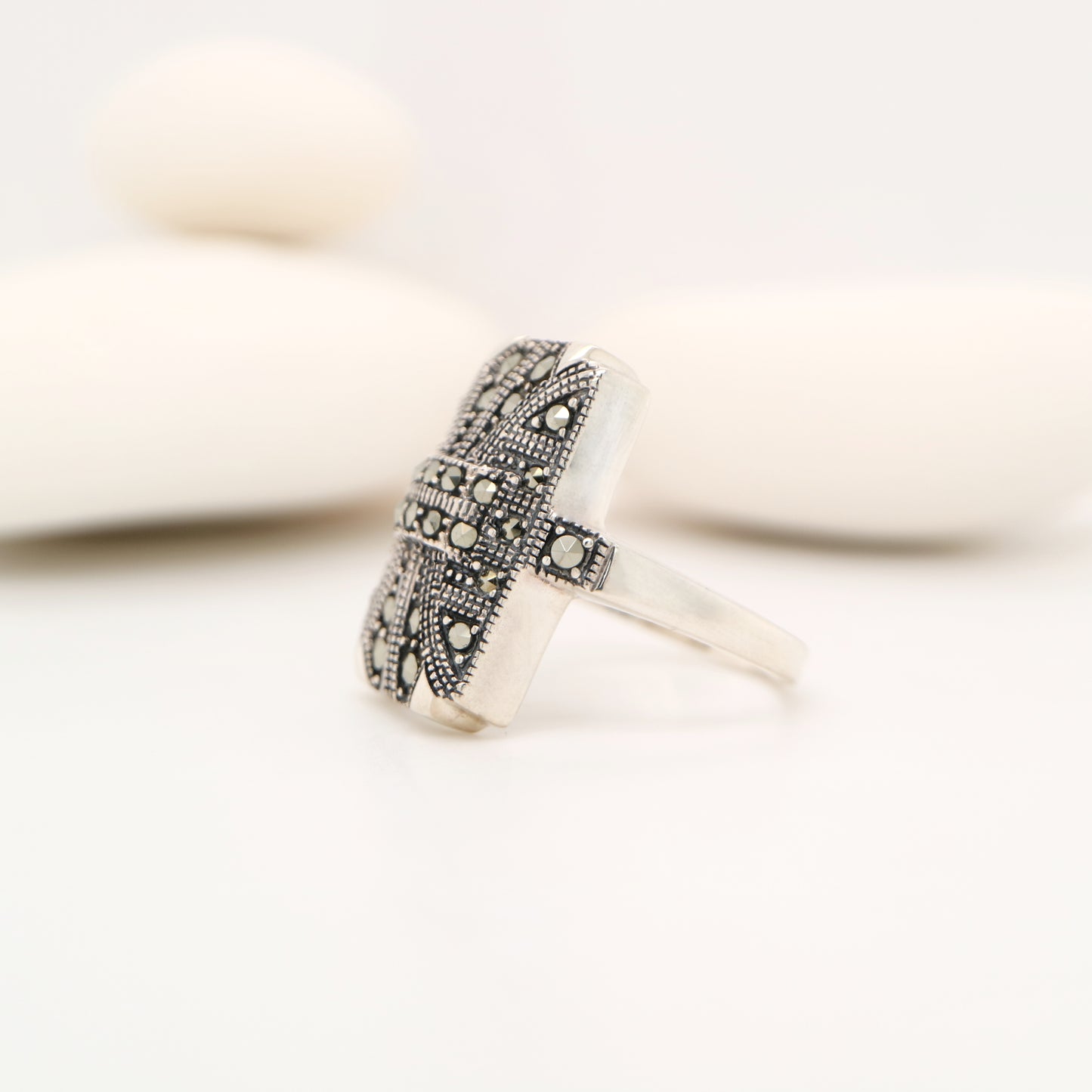 Art deco shield ring in marcasite and sterling silver