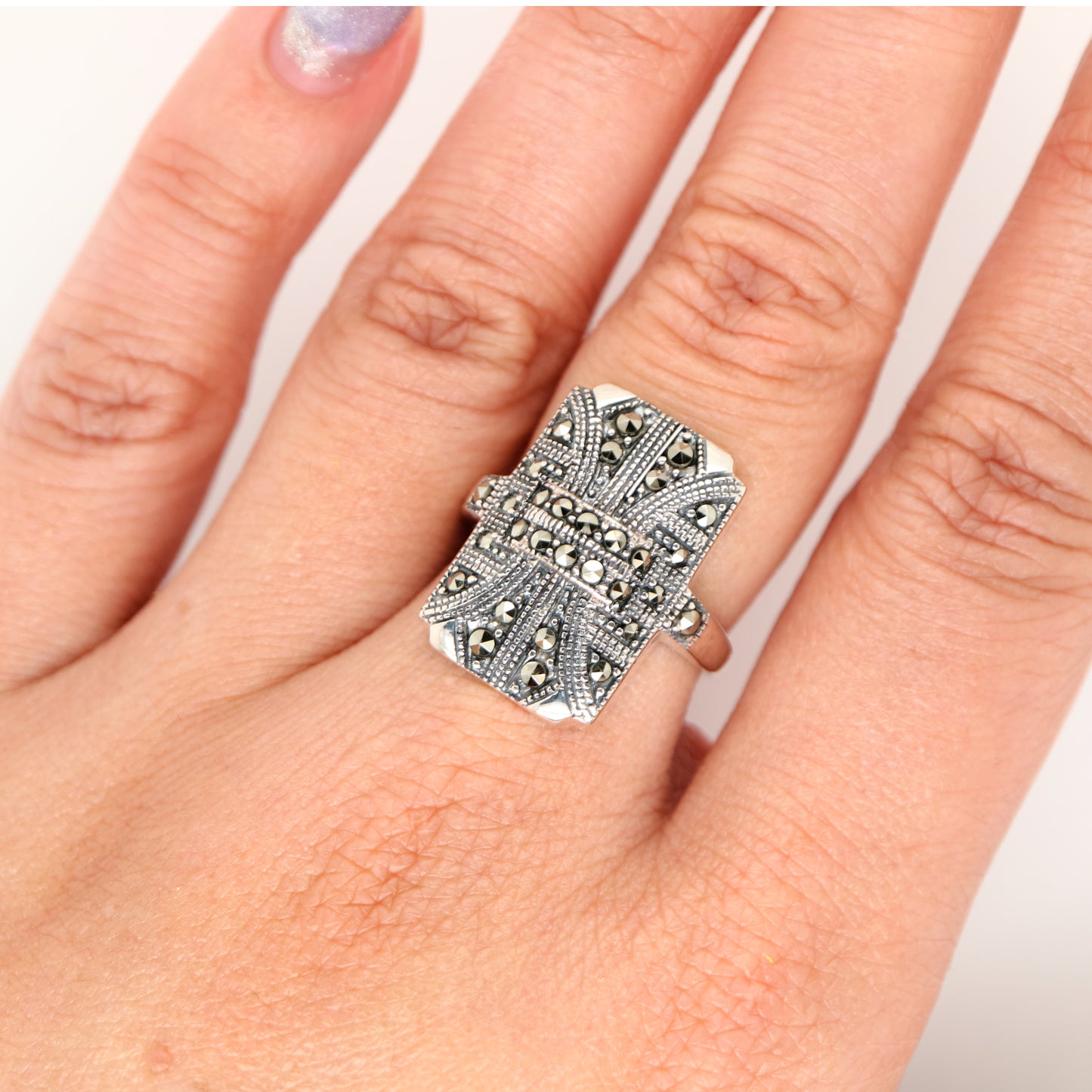 Art deco shield ring with marcasite in sterling silver