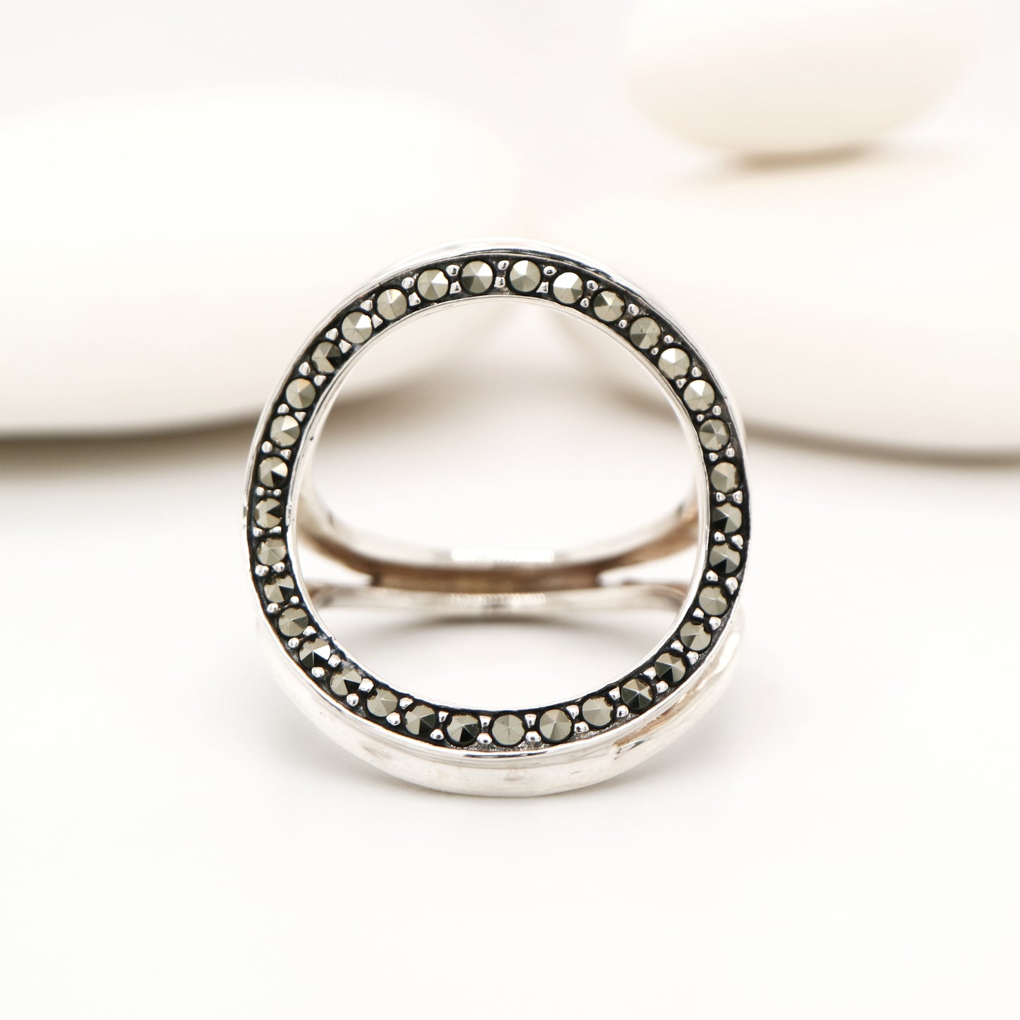 Tri-hoop ring with marcasite in sterling silver
