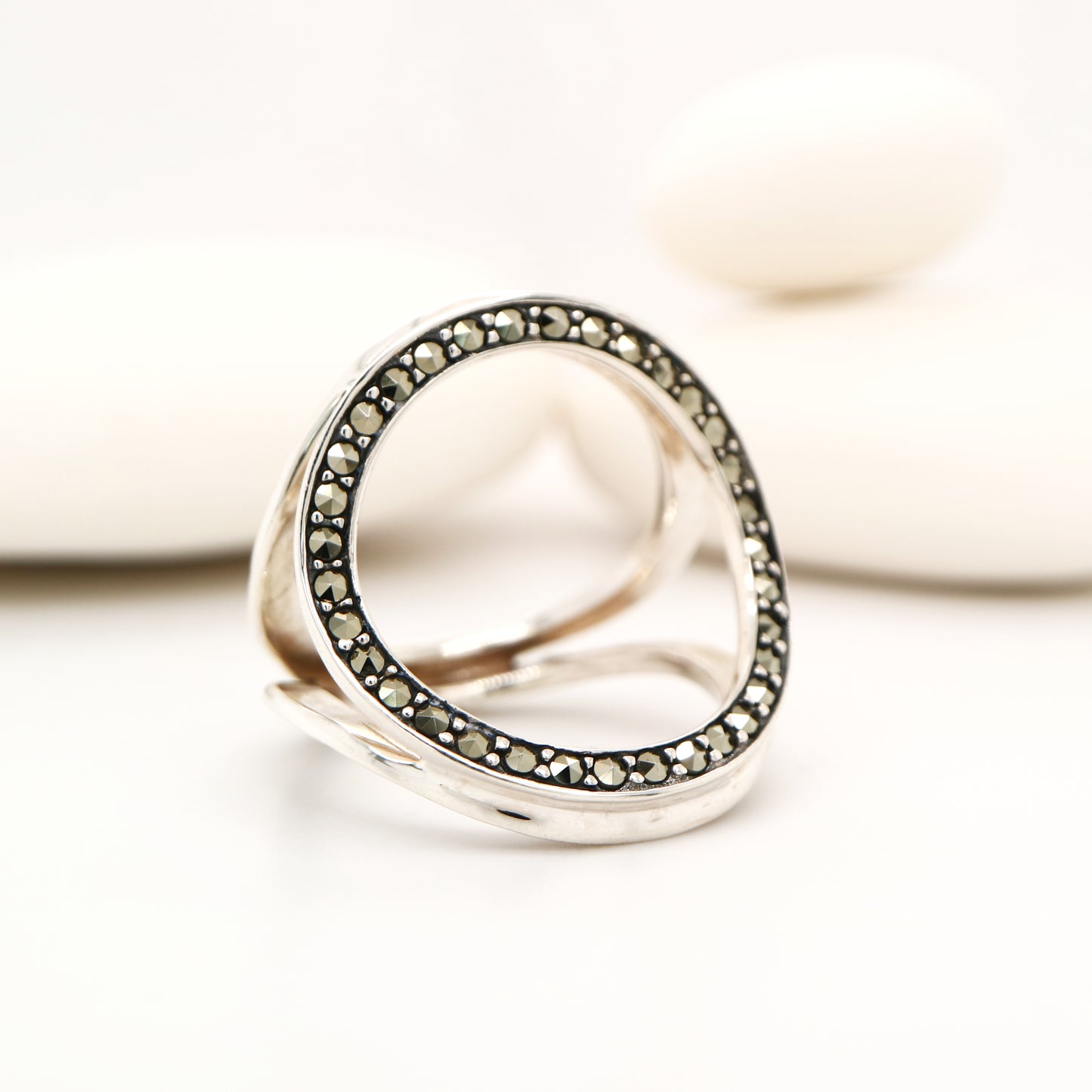 Tri-hoop ring with marcasite in sterling silver