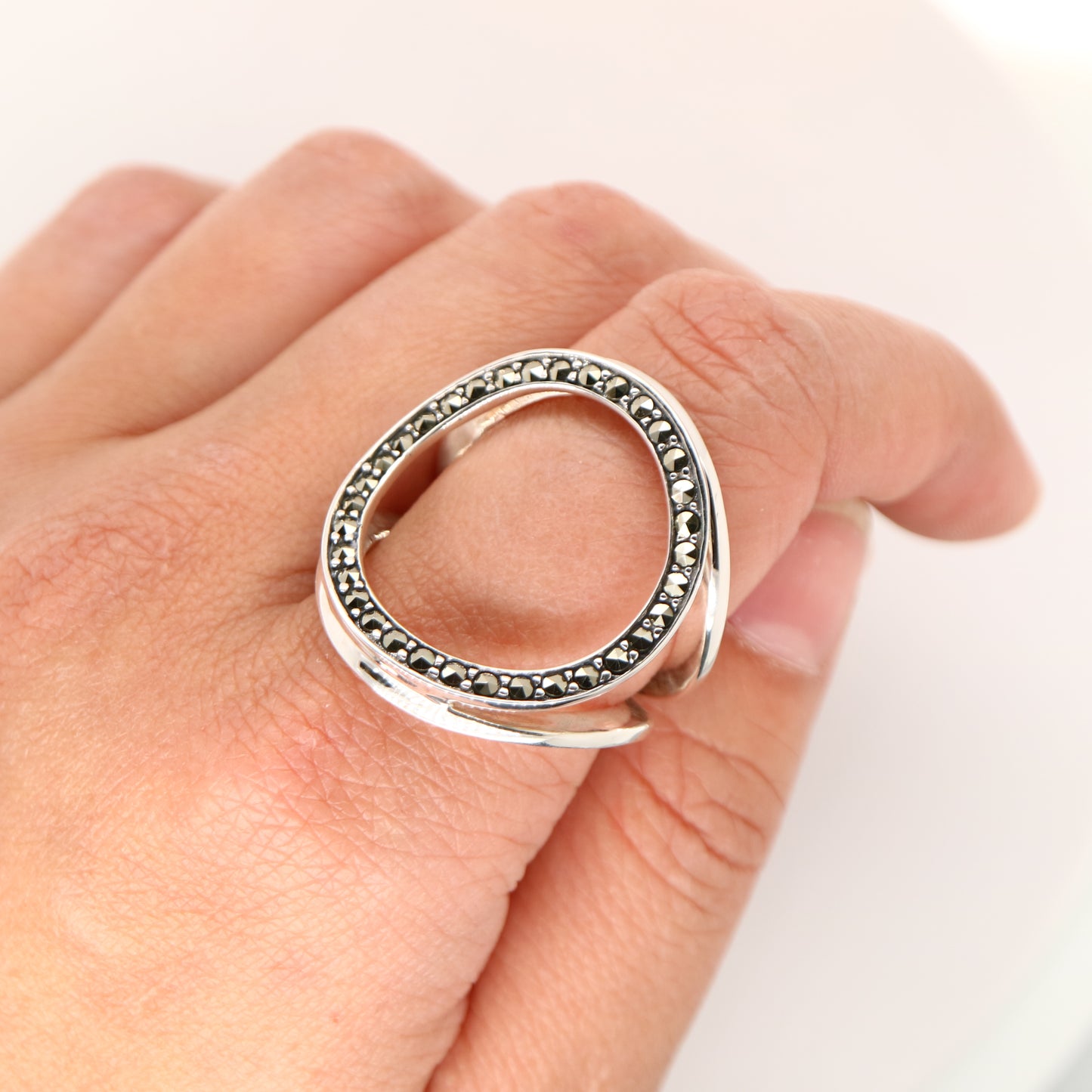 Tri-hoop ring with marcasite in sterling silver