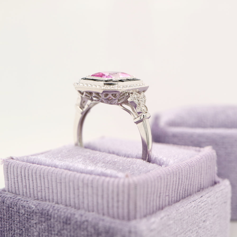Art deco ring with laboratory grown pink sapphire, onyx and cz halo in sterling silver