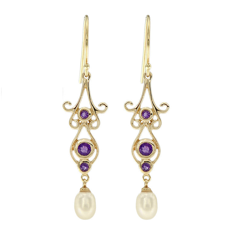 Vintage pearl drop earrings with Amethyst in yellow gold