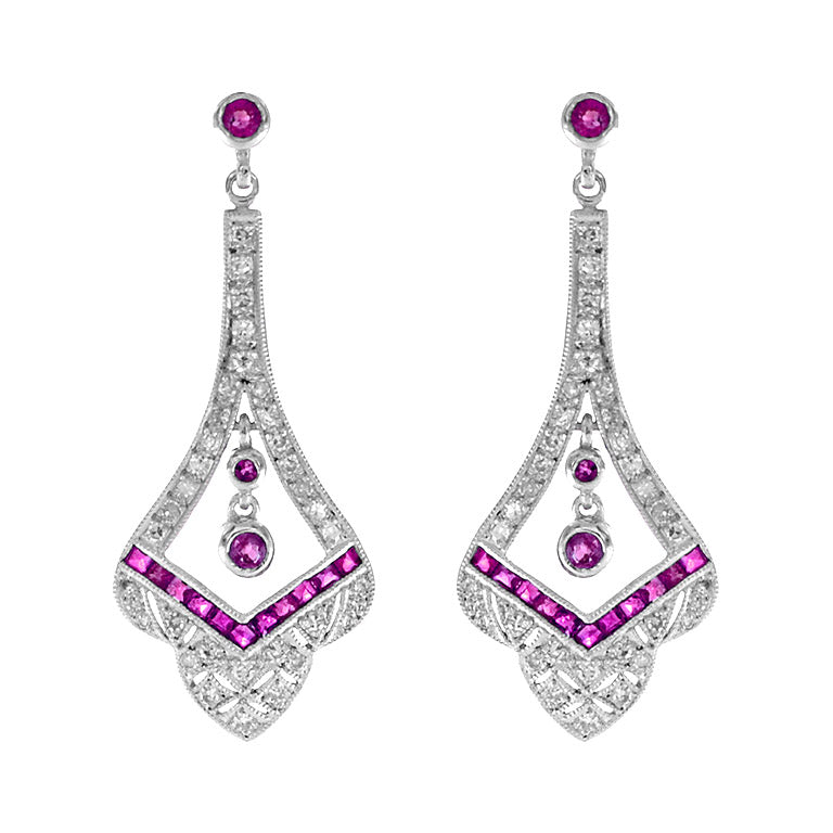 Edwardian chandelier earrings with channel set rubies and diamonds