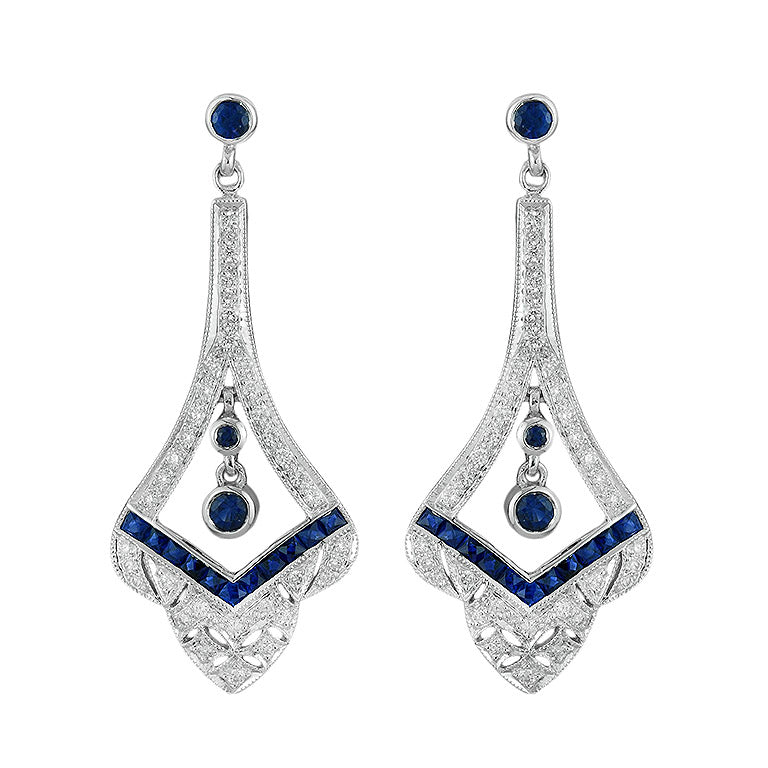 Edwardian chandelier earrings with channel set sapphires and CZ in Sterling Silver