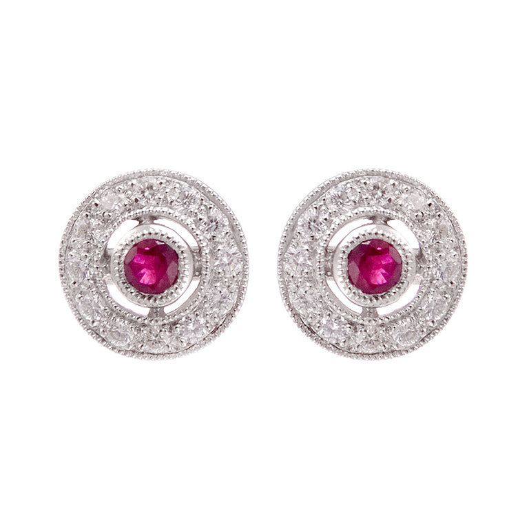 Art Deco ruby studs with diamond halo in 9k white gold