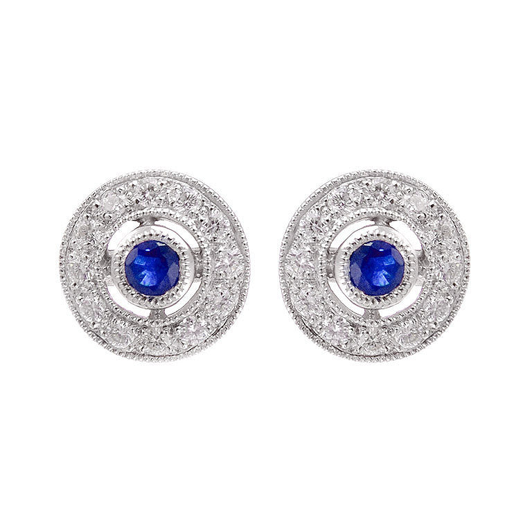 Art Deco sapphire studs with diamond halo in 9k white gold