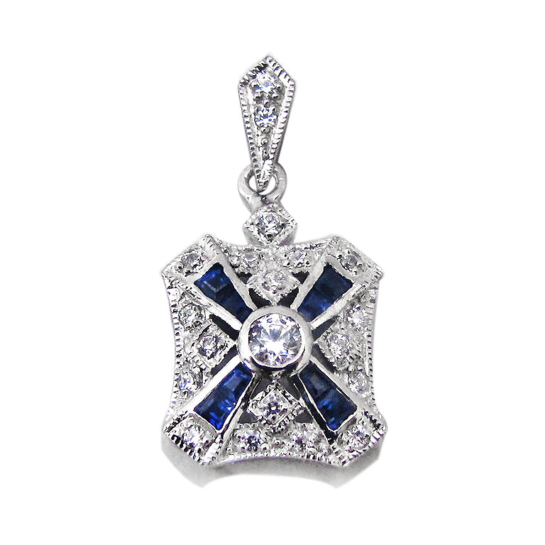 Art deco style pendant with natural sapphire and diamonds in 9k white gold