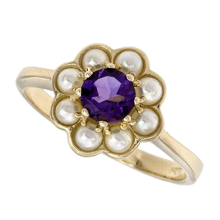Amethyst with pearl halo ring in 9k yellow gold