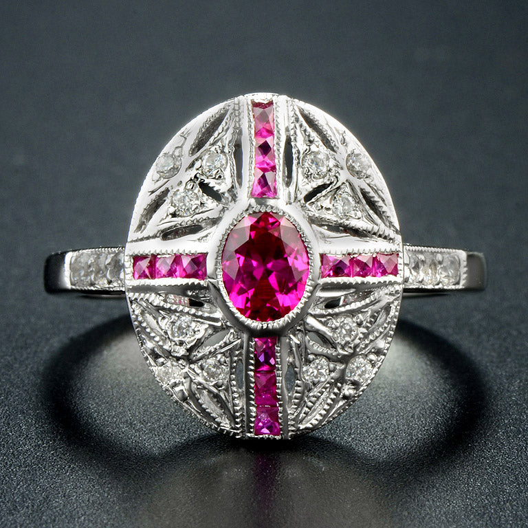 Art deco cross style ring in white gold and ruby with diamonds