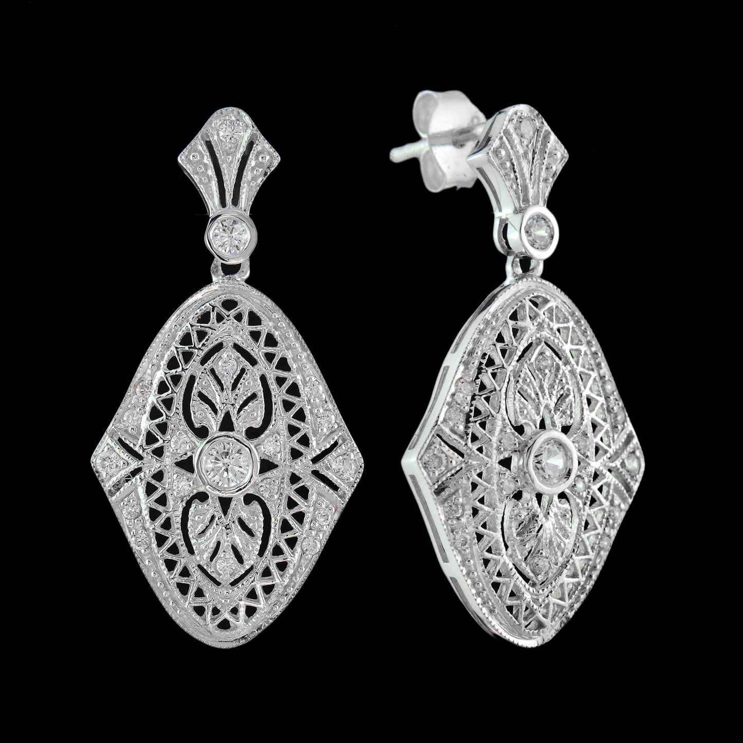 Art deco natural diamond drop earrings in 9k white gold