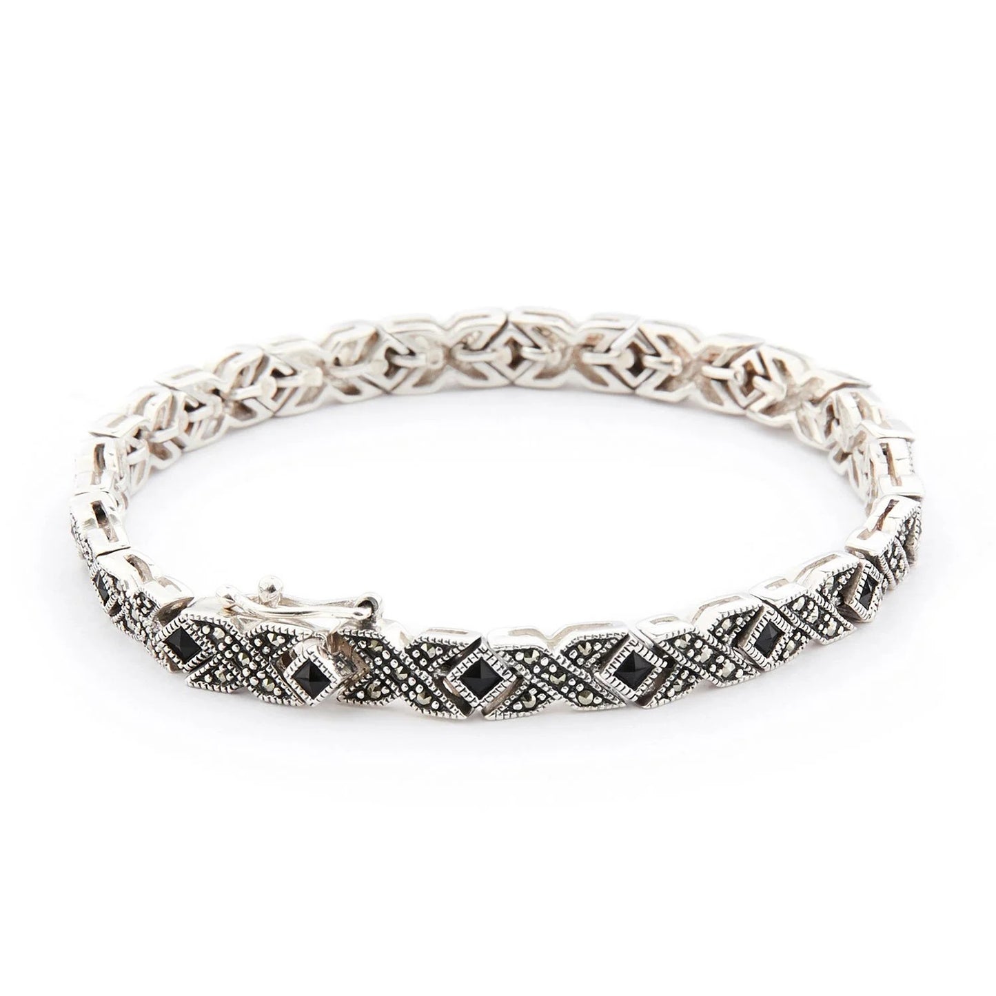 Sterling silver art deco bracelet with marcasite and diamond shaped onyx