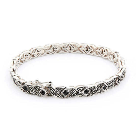 Sterling silver art deco bracelet with marcasite and diamond shaped onyx