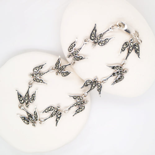 Silver swallow bird bracelet with marcasite