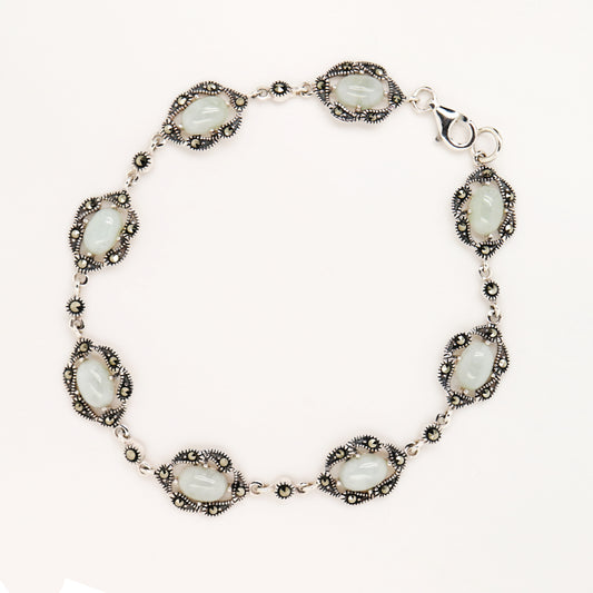 Natural jade with marcasite halo bracelet in silver