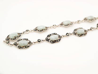 Natural jade with marcasite halo bracelet in silver