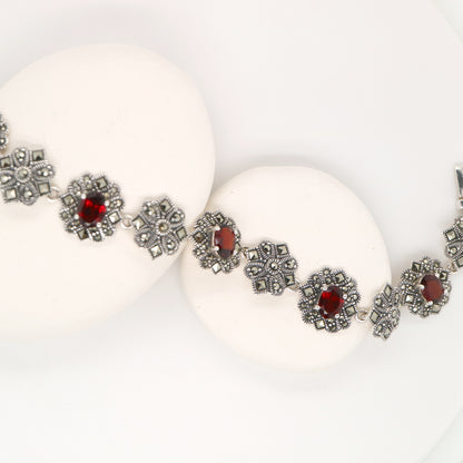 Art deco bracelet with garnet and marcasite in sterling silver