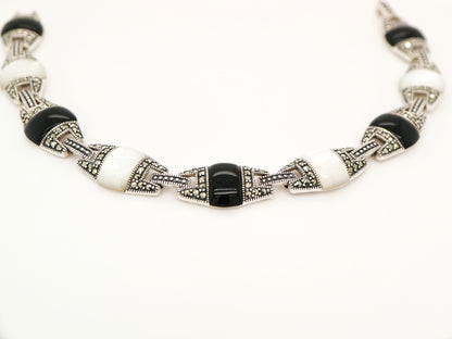 Onyx and mother of pearl art deco bracelet in sterling silver with marcasite