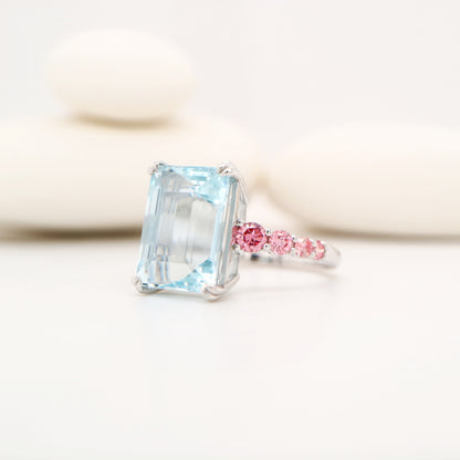 7.16ct Aquamarine with LG pink diamonds in platinum with Euro shank