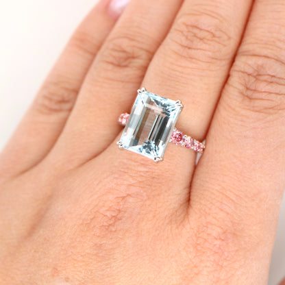 7.16ct Aquamarine with LG pink diamonds in platinum with Euro shank