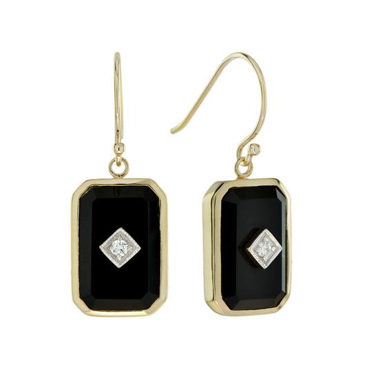 Square onyx with diamond earrings in 9k yellow gold