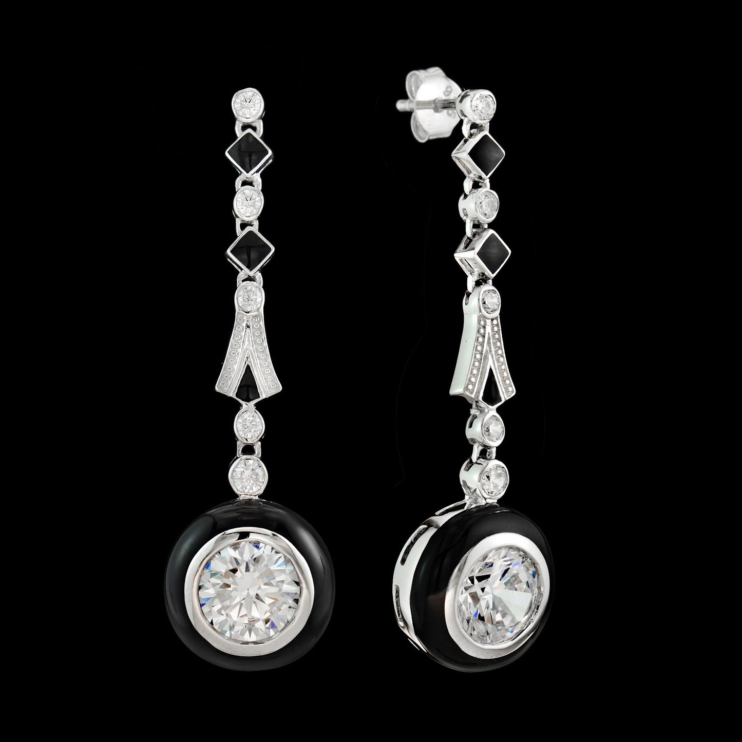 Black enamel and cz dangle earrings in sterling silver