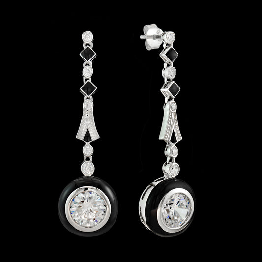 Black enamel and cz dangle earrings in sterling silver