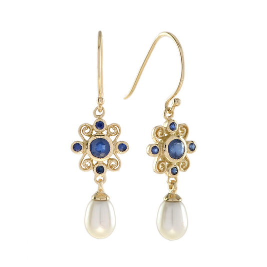 Floral Dangle earrings with Sapphire and pearl in Yellow gold