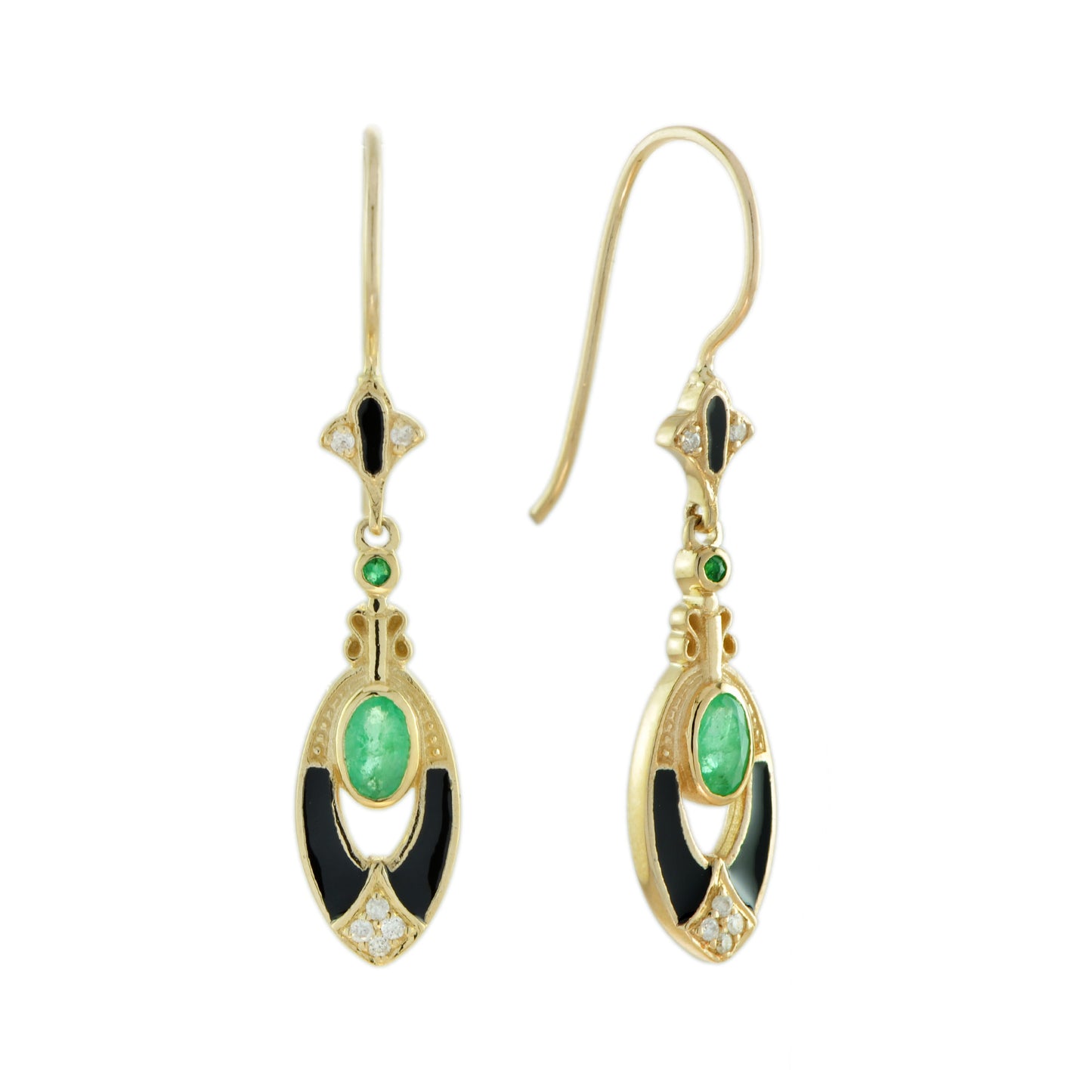 Emerald with diamonds, drop earrings in 9k yellow gold