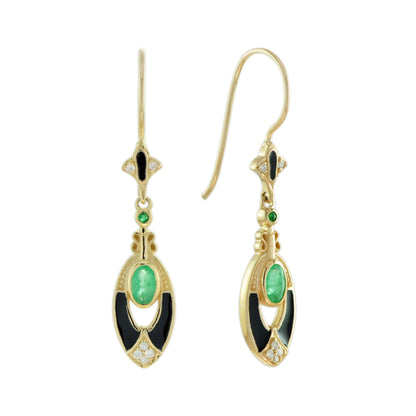 Emerald with diamonds, drop earrings in 9k yellow gold