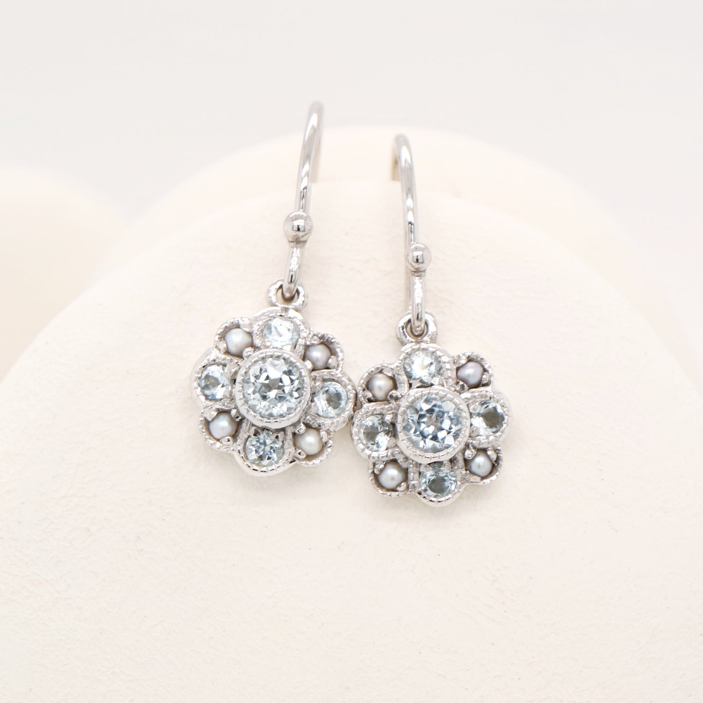 Victorian cluster drop earrings with blue topaz and pearl in 9k white gold