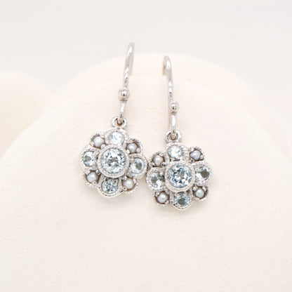 Victorian cluster drop earrings with blue topaz and pearl in 9k white gold