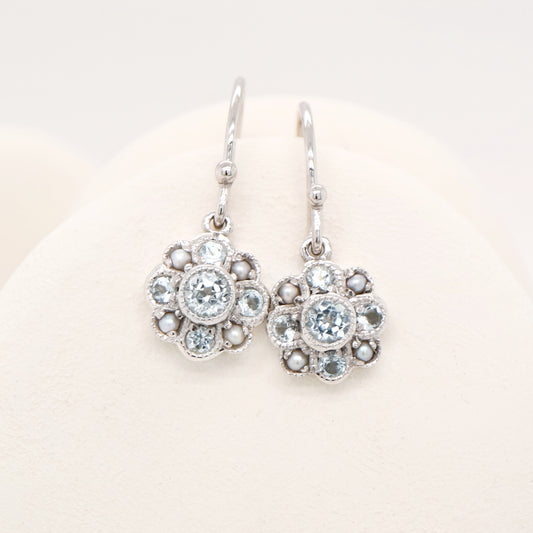 Victorian cluster drop earrings with blue topaz and pearl in 9k white gold