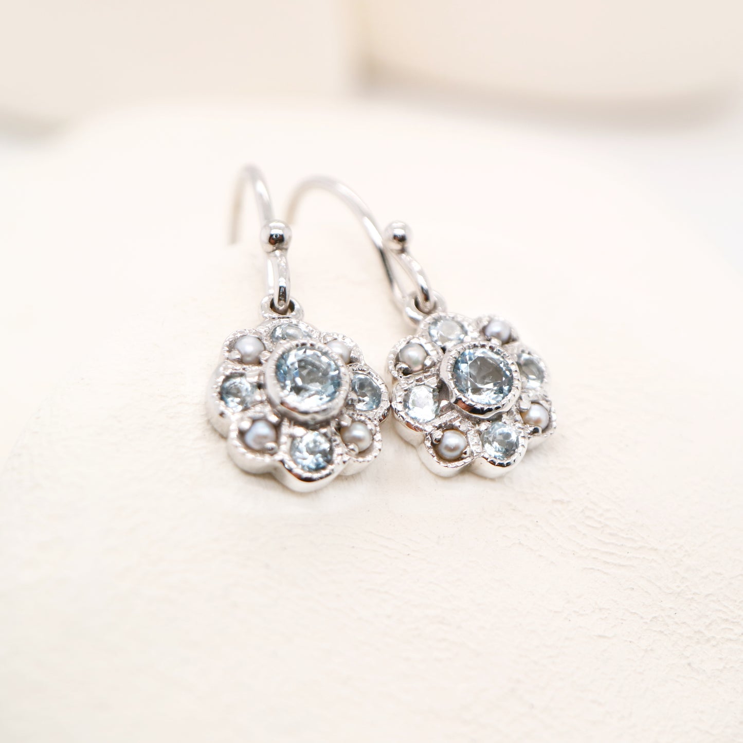 Victorian cluster drop earrings with blue topaz and pearl in 9k white gold
