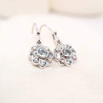 Victorian cluster drop earrings with blue topaz and pearl in 9k white gold