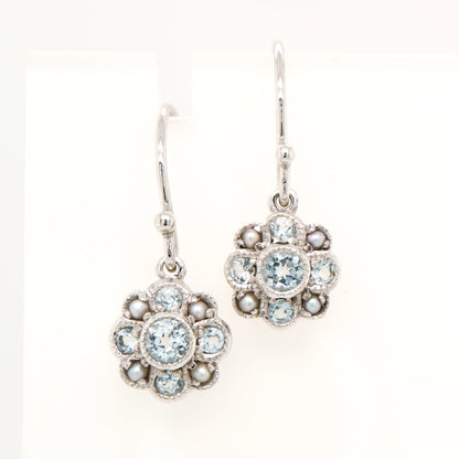 Victorian cluster drop earrings with blue topaz and pearl in 9k white gold