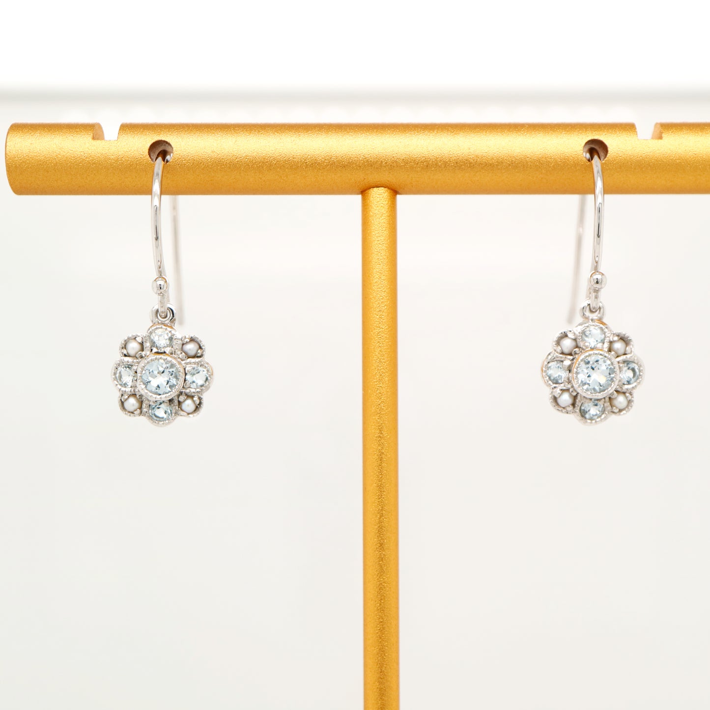 Victorian cluster drop earrings with blue topaz and pearl in 9k white gold