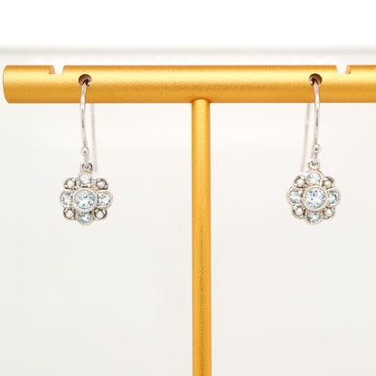 Victorian cluster drop earrings with blue topaz and pearl in 9k white gold