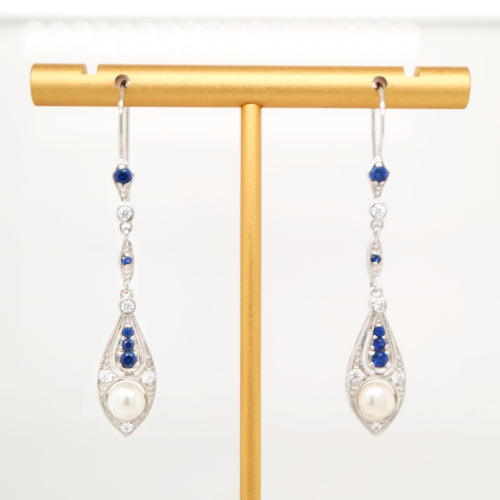Dangle earrings with fresh water pearl, sapphire and diamond in 9k white gold