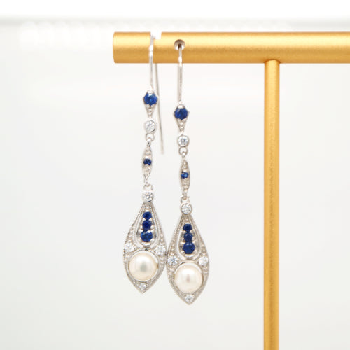 Dangle earrings with fresh water pearl, sapphire and diamond in 9k white gold